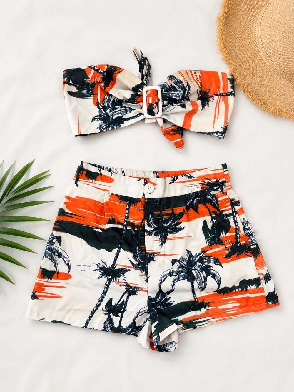 SHEIN Tropical Palm Tree Print Tube Top and High-Waist Shorts Summer Outfit Set